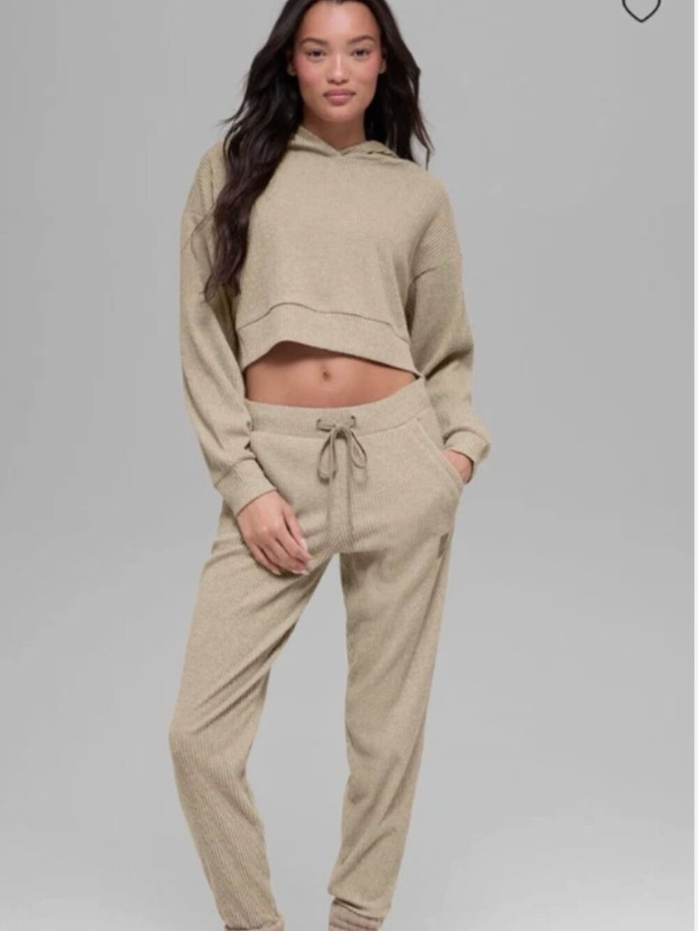 SET ALO MUSE HOODIE & JOGGERS RIBBED GRAVEL HEATHER SIZE SMALL/MED